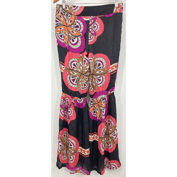 bebe Women Pants Size 6 Silk Smocked Bell Pant Black Pink Floral Flare New B60 - Picture 4 of 6